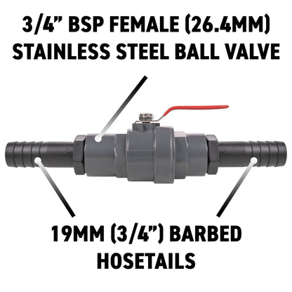 Stainless Steel Ball PP Valve & Barbed Outlet, 3/4"