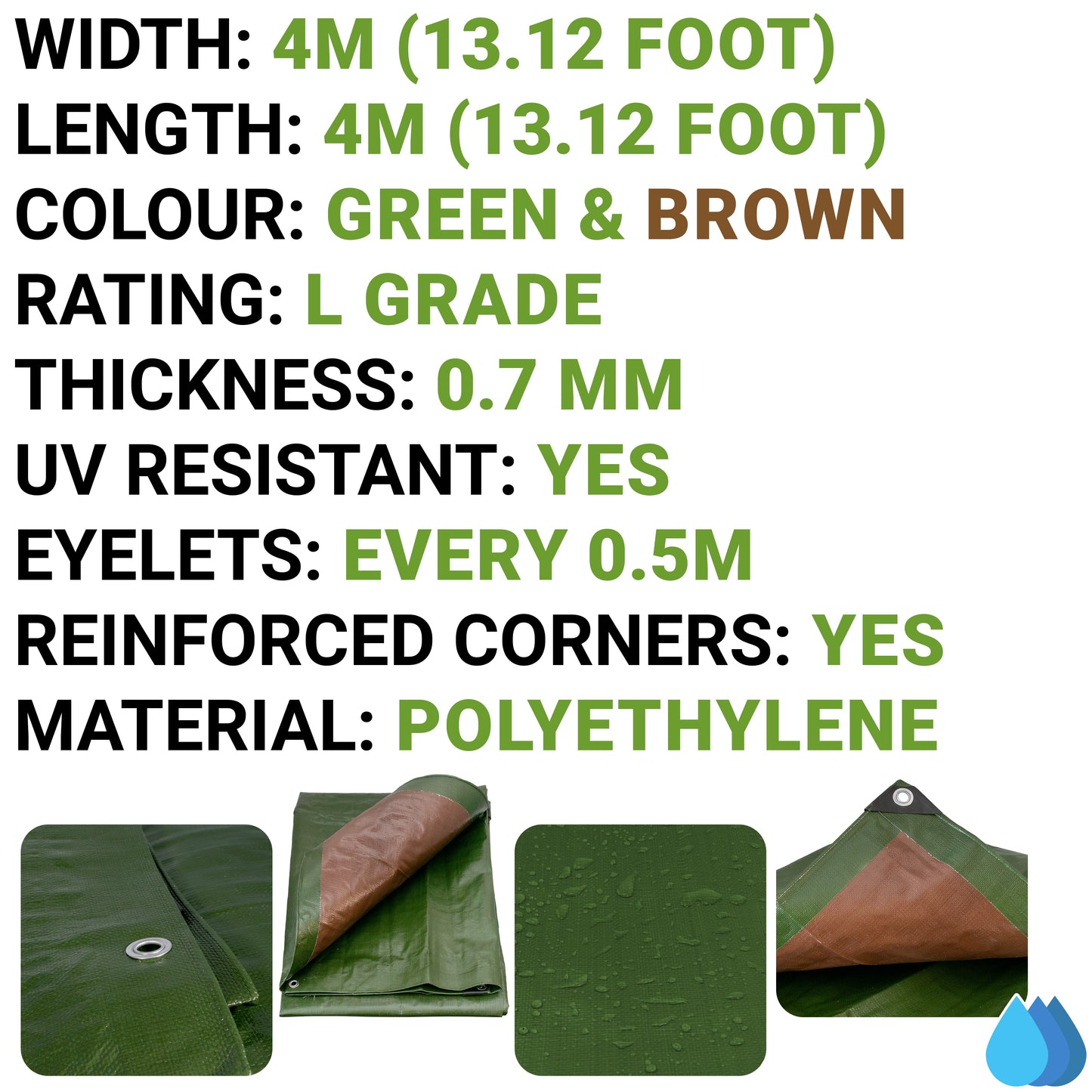 4m x 4m Green & Brown Tarpaulins, L-Grade 220 GSM