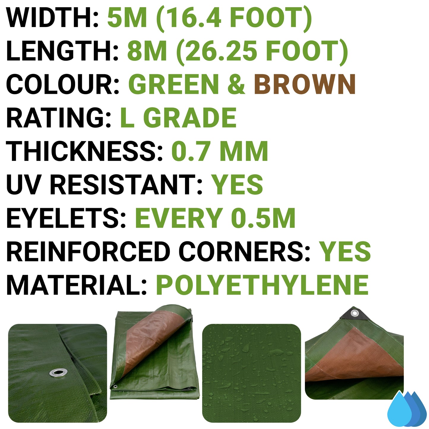 5m x 8m Green & Brown Tarpaulins, L-Grade 220 GSM