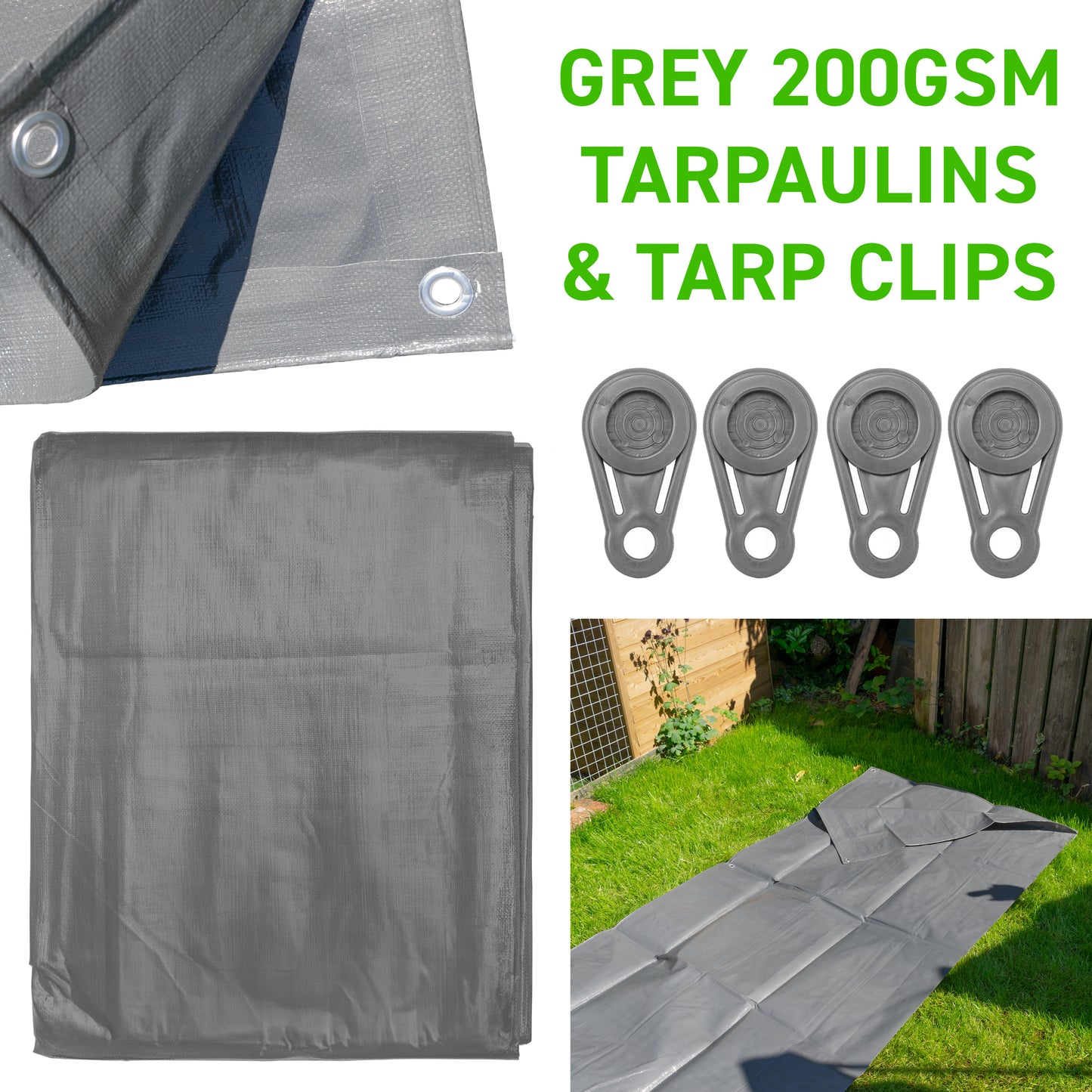 200gsm Heavy-grade Grey Tarpaulins with 4x Clips