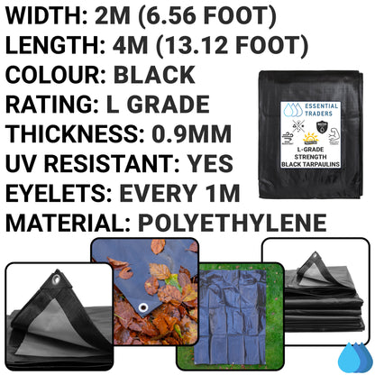 2m x 4m Black & Silver Tarpaulins, L-Grade 250 GSM