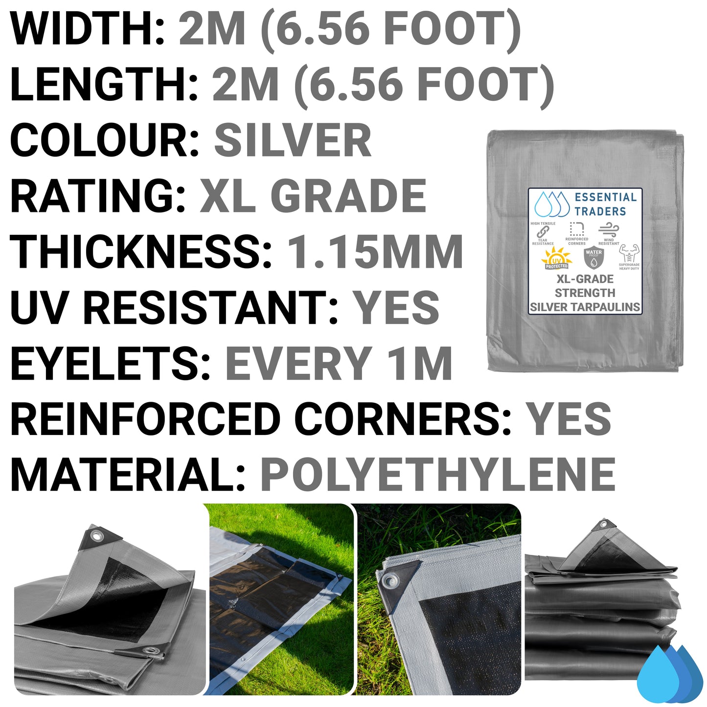 2m x 2m Silver & Black 300gsm Supergrade Tarpaulin