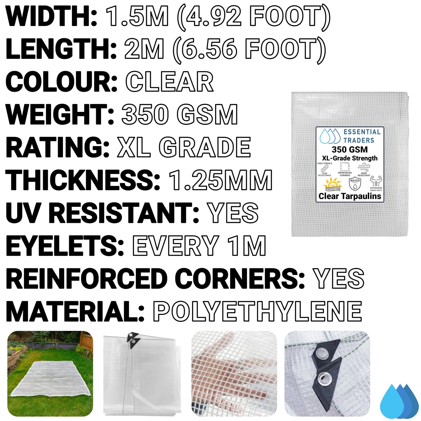 1.5m x 2m Clear Monotex 350gsm Supergrade Tarpaulin