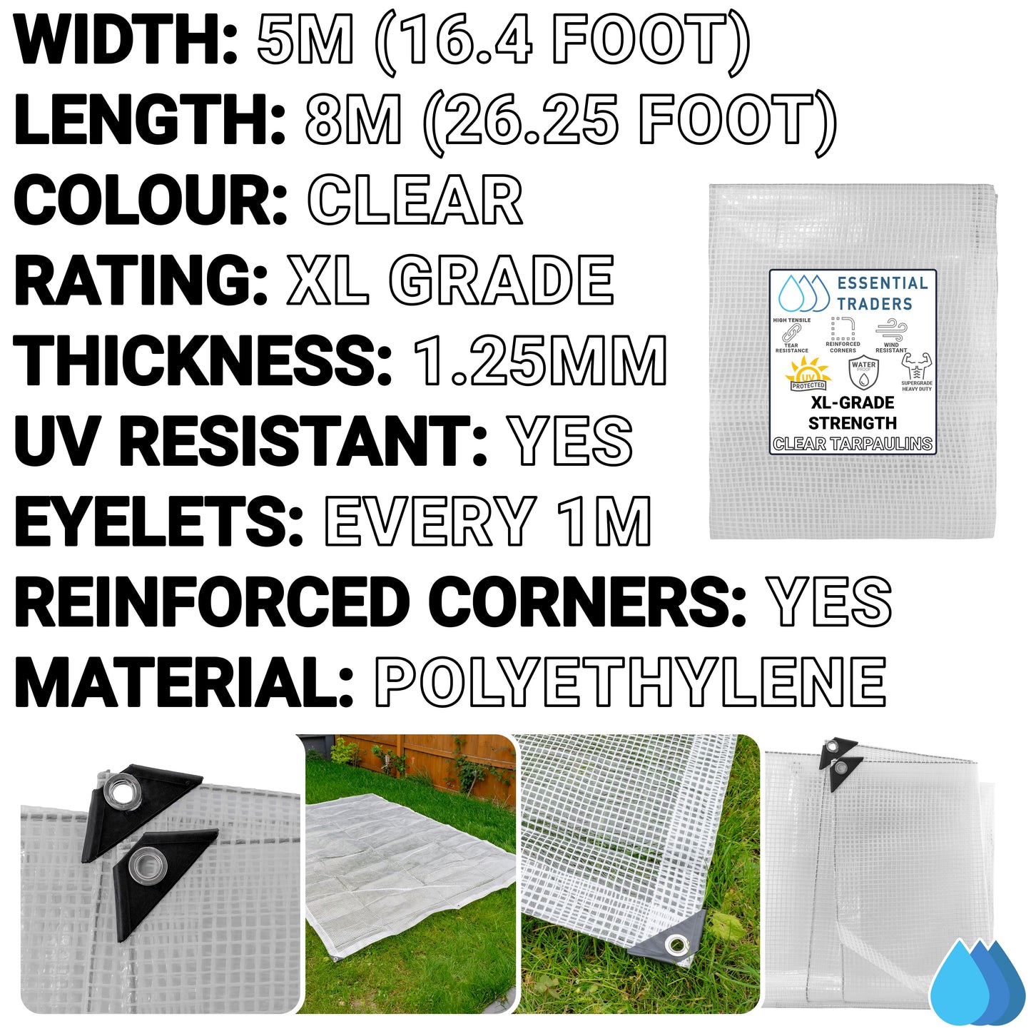 5m x 8m Clear Monotex 350gsm Supergrade Tarpaulin