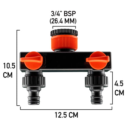 2-Way Tap Splitter Manifold – 1” & 3/4” BSP with Valves, Black