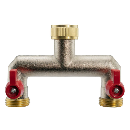 2-Way Tap Splitter with Valves - 3/4" BSPM, Brass