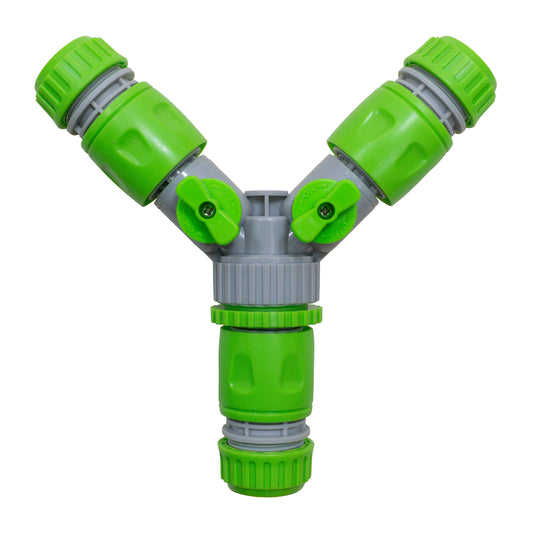 Three Way Valve Splitter with Hosepipe Quick Connectors - Green