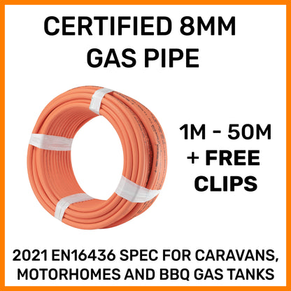 8mm GAS PIPE Hose & Optional CLIPS, Propane Butane, BBQ Caravan, Certified