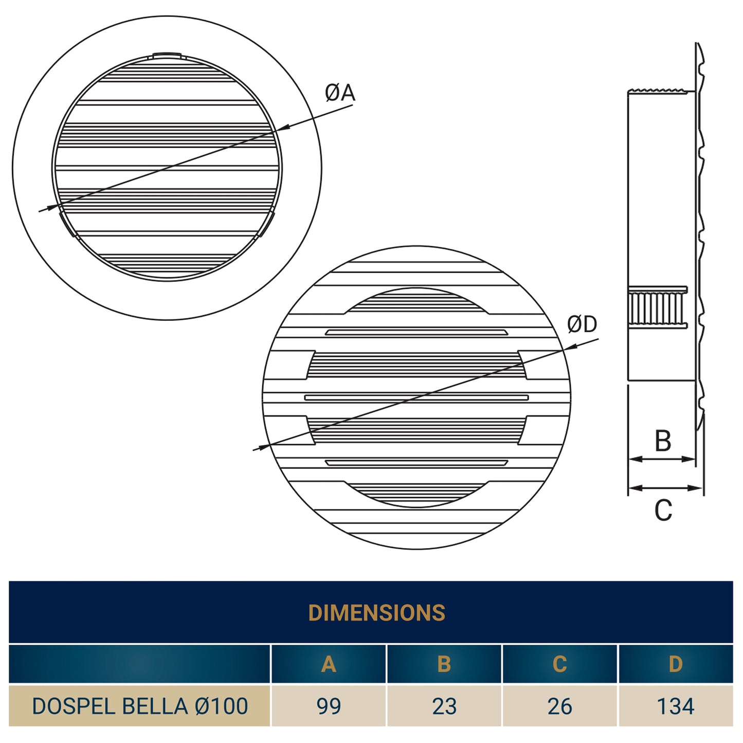 White Round Bella Louvre Vent, 100mm