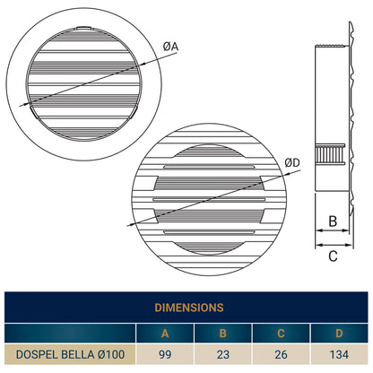 White Round Bella Louvre Vent, 100mm