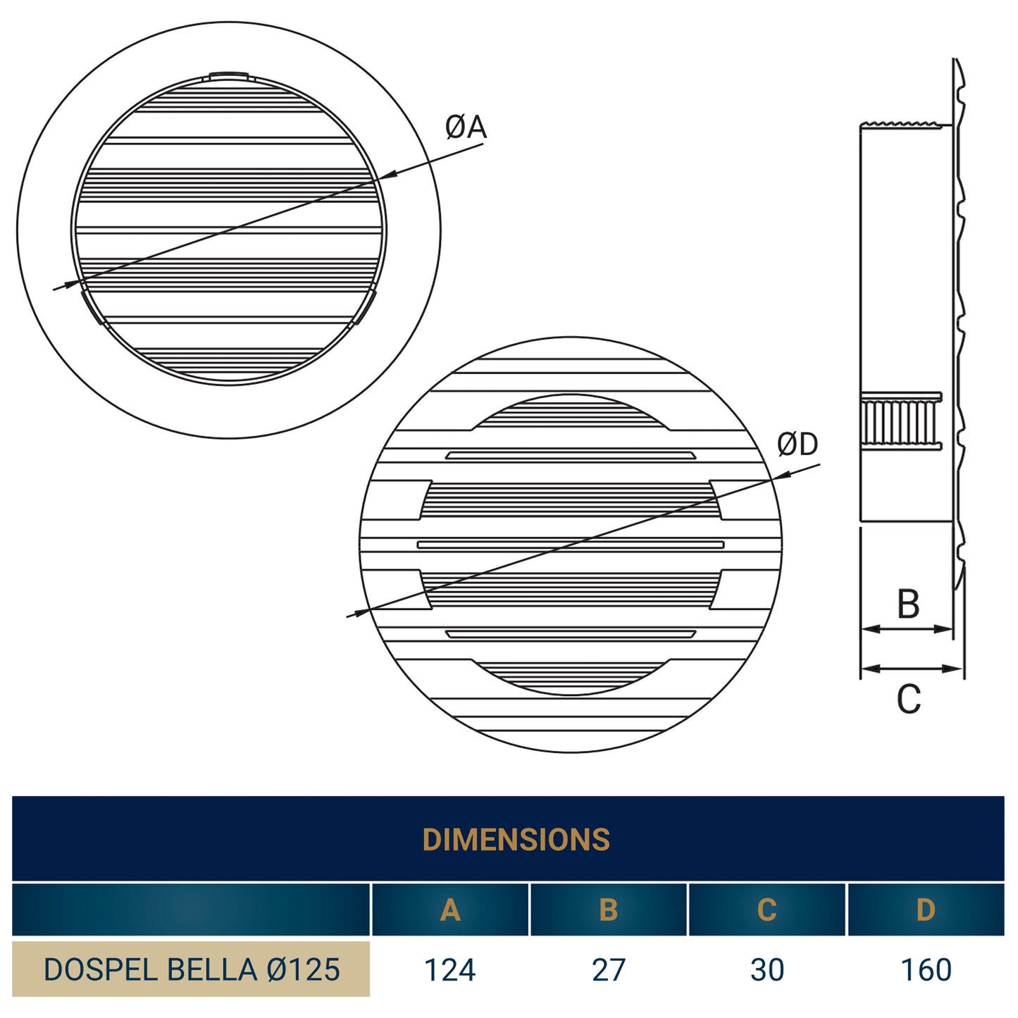 White Round Bella Louvre Vent, 125mm