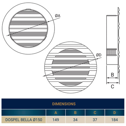 White Round Bella Louvre Vent, 150mm
