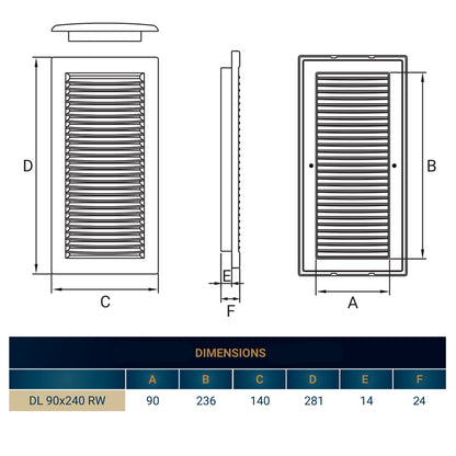 Luxury White Duo Smart Louvre Vent with Fly Mesh, 90mm x 240mm