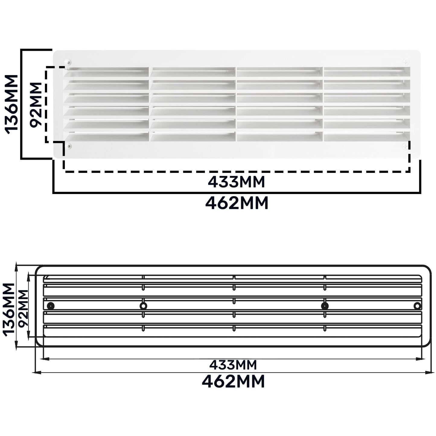 White Rectangle Louvre Door Vent, 90mm x 445mm