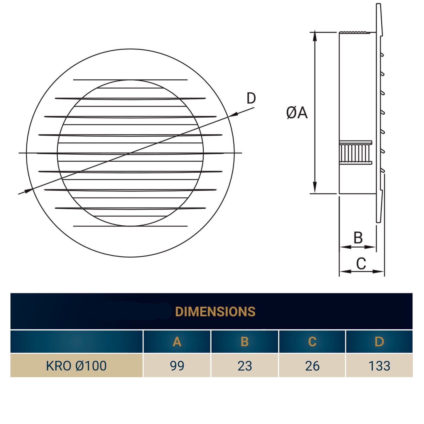 White Round Louvre Vent with Fly Mesh, 100mm