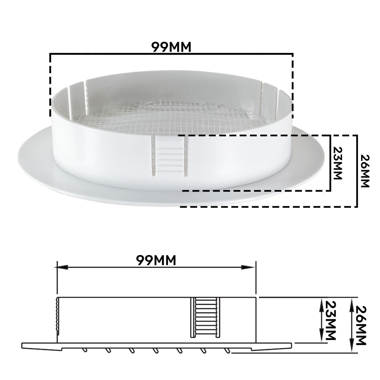 White Round Louvre Vent with Fly Mesh, 100mm