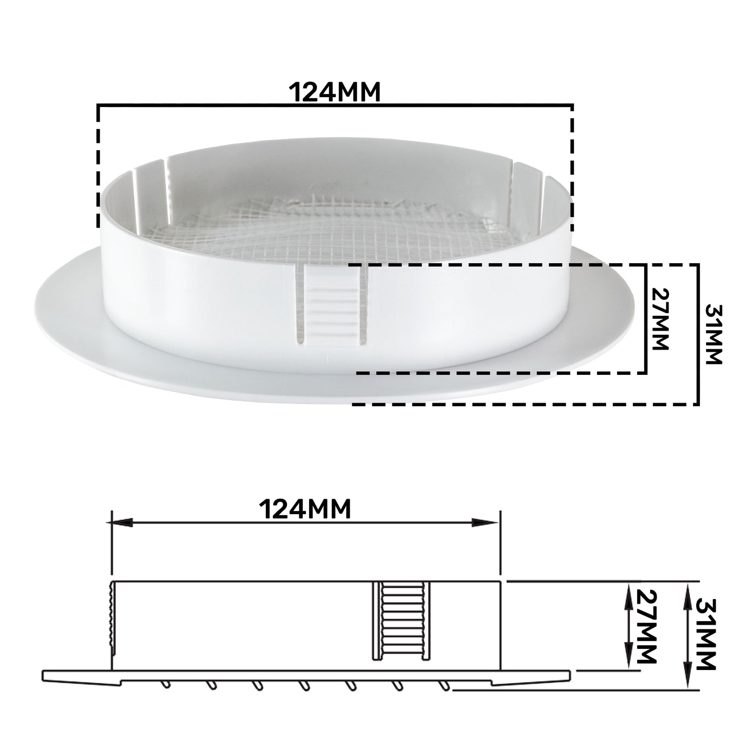 White Round Louvre Vent with Fly Mesh, 125mm