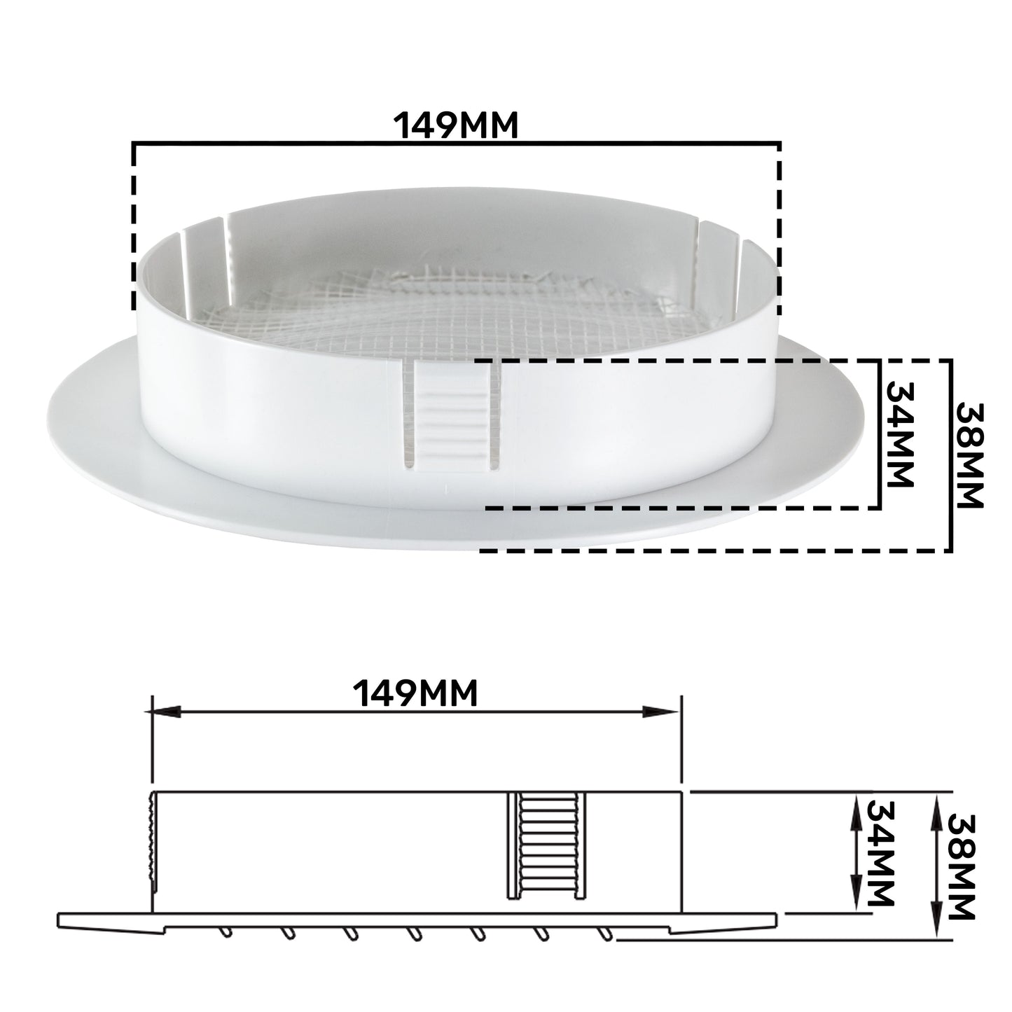 White Round Louvre Vent with Fly Mesh, 150mm