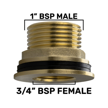 Brass Water Butt Tank Adapter, 1" BSPM to 3/4" BSPF