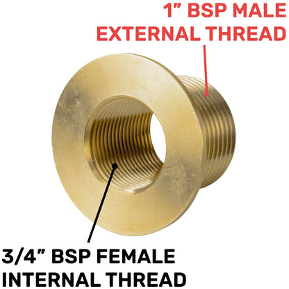 Brass Water Butt Tank Adapter, 1" BSPM to 3/4" BSPF