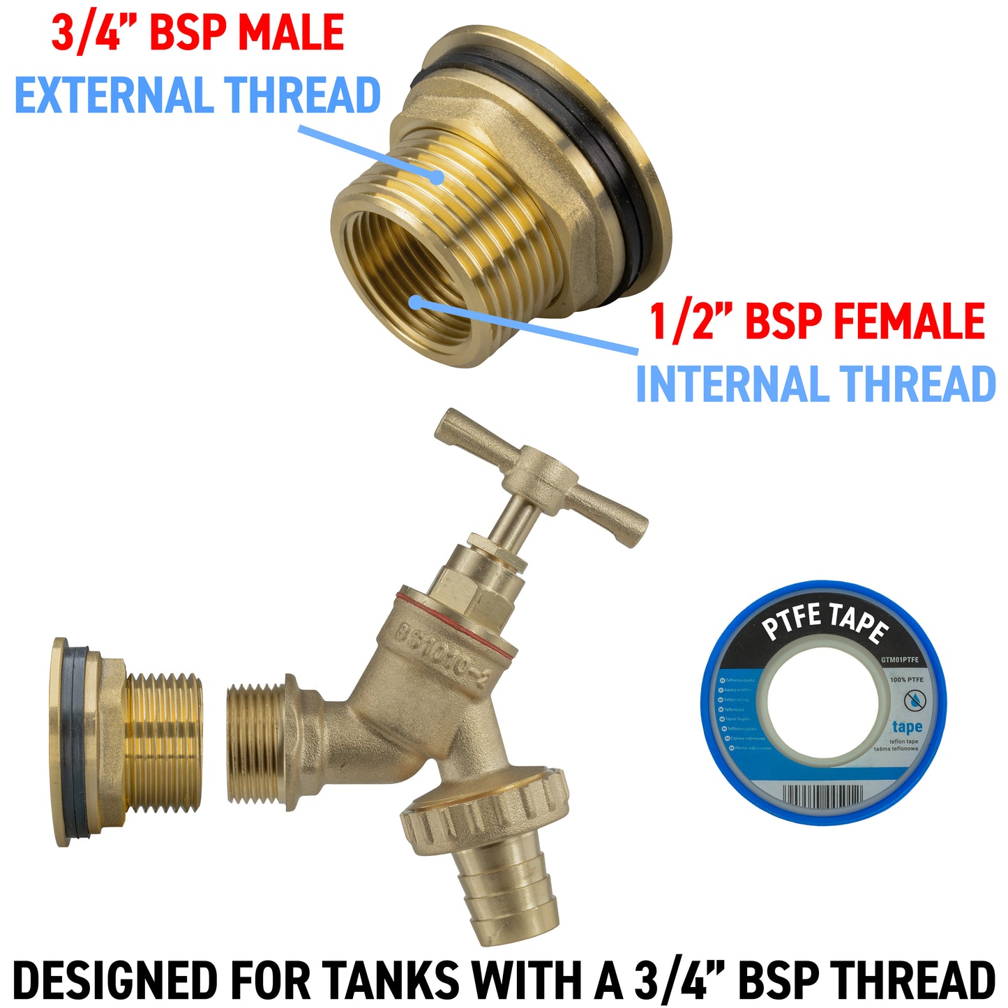 Full Brass Water Butt Adapter & Barbed Tap Kit