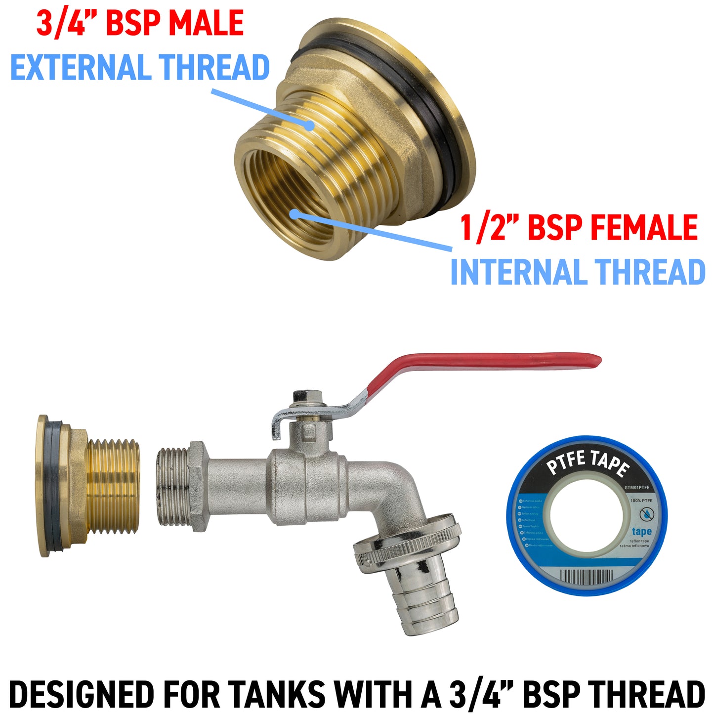 Brass Water Butt Adapter & Barbed Lever Tap