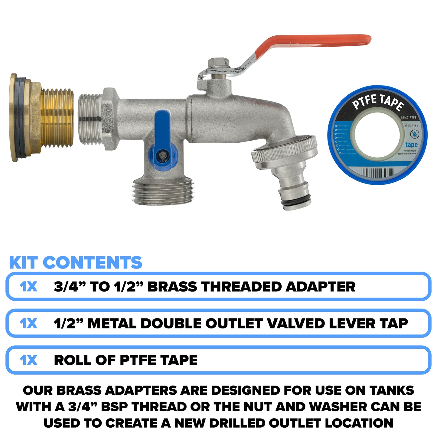 Brass Water Butt Adapter & Double Outlet Lever Tap