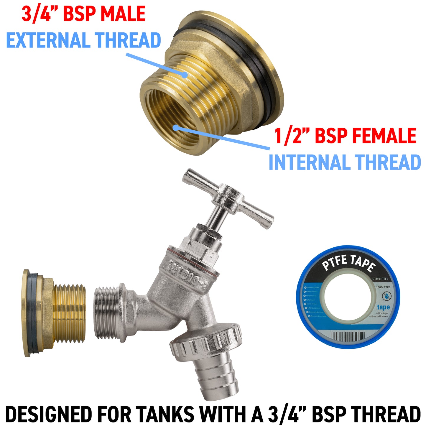 Full Brass Water Butt Adapter & Nickel Plated Barbed Tap Kit