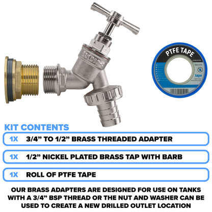 Full Brass Water Butt Adapter & Nickel Plated Barbed Tap Kit