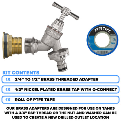 Full Brass Water Butt Adapter & Nickel Plated Quick Connect Tap Kit