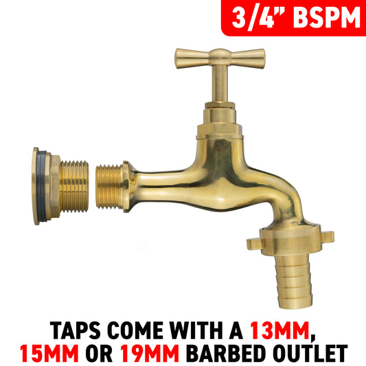 Full Brass Water Butt Adapter & Polished Barbed Tap Kit