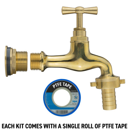 Full Brass Water Butt Adapter & Polished Barbed Tap Kit