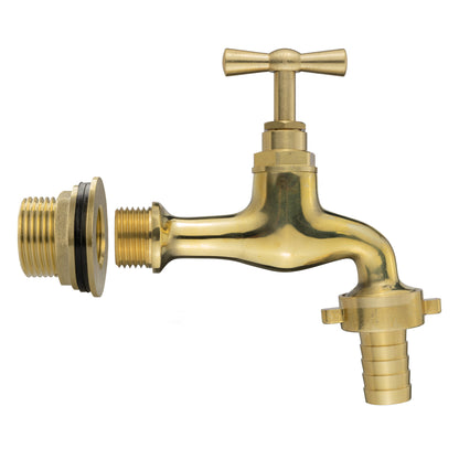 Full Brass Water Butt Adapter & Polished Barbed Tap Kit