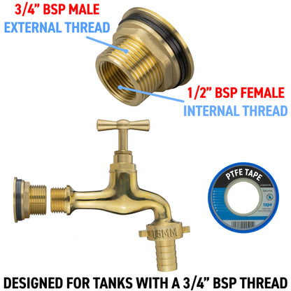 Full Brass Water Butt Adapter & Polished Barbed Tap Kit