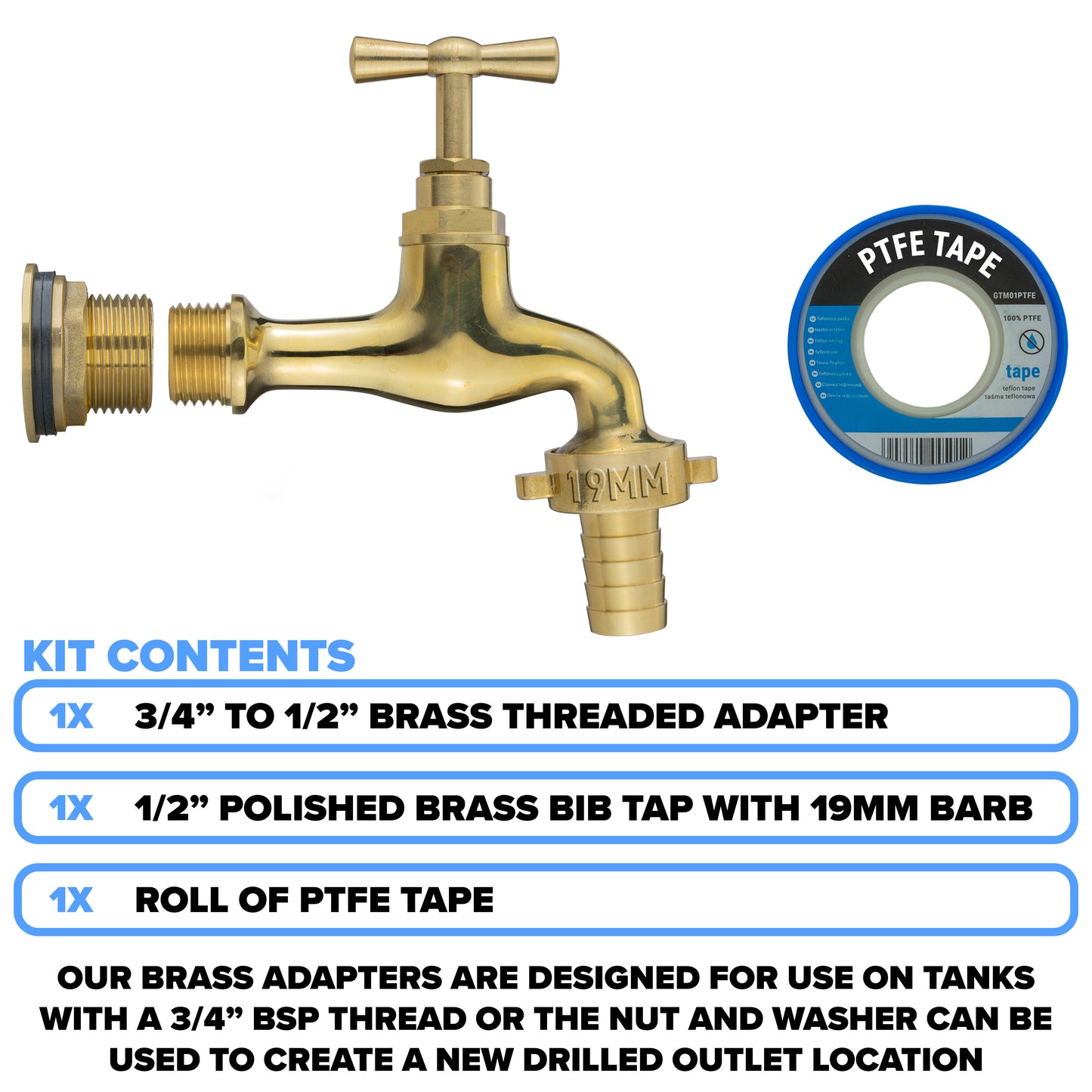 Full Brass Water Butt Adapter & Polished Barbed Tap Kit