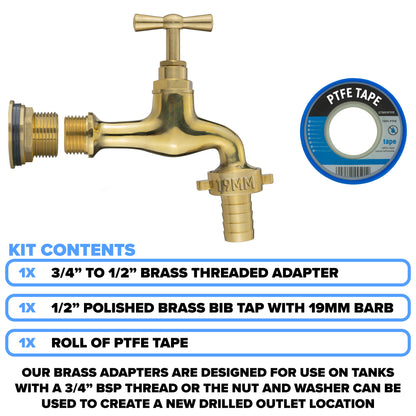 Full Brass Water Butt Adapter & Polished Barbed Tap Kit