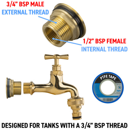 Full Brass Water Butt Adapter & Polished Quick Connect Tap Kit