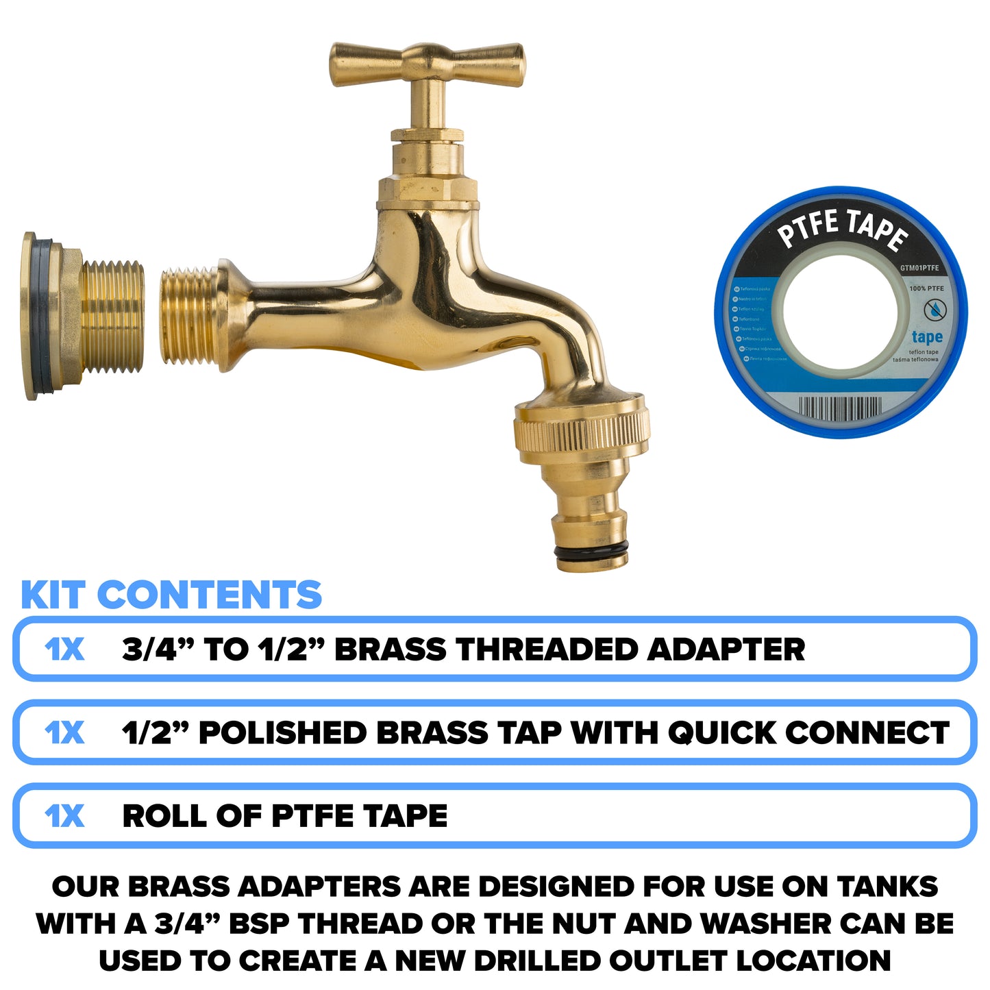 Full Brass Water Butt Adapter & Polished Quick Connect Tap Kit