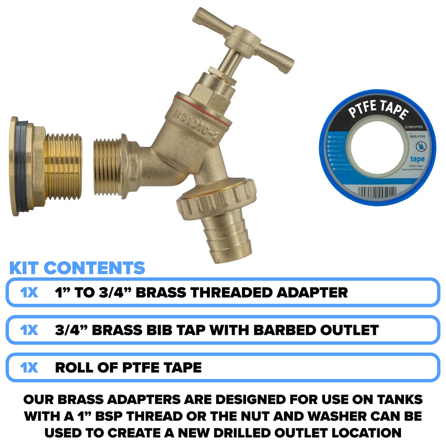 Full Brass Water Butt Adapter & Barbed Tap Kit