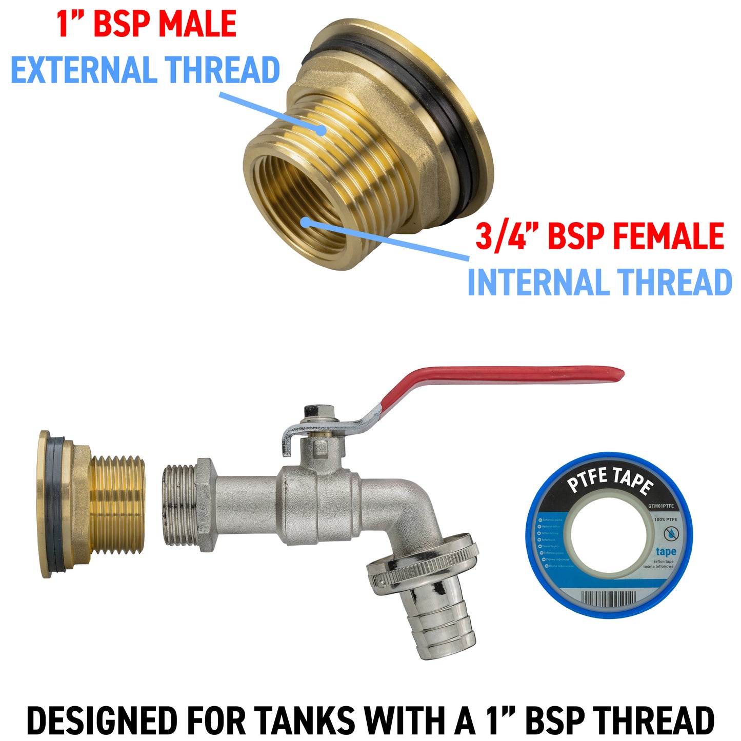 Brass Water Butt Adapter & Barbed Lever Tap