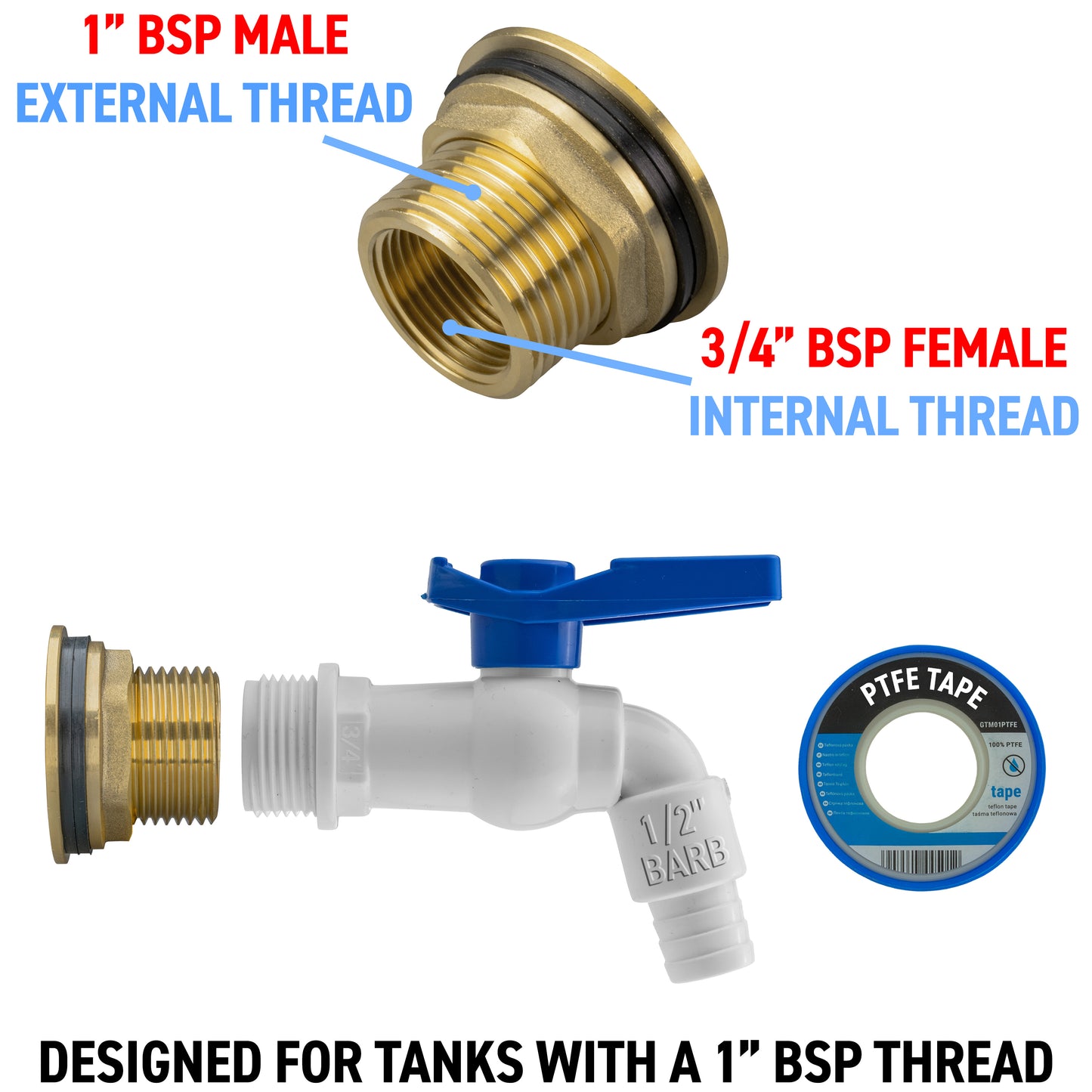 Brass Water Butt Adapter & White Barbed Tap