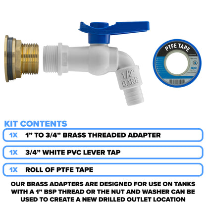 Brass Water Butt Adapter & White Barbed Tap