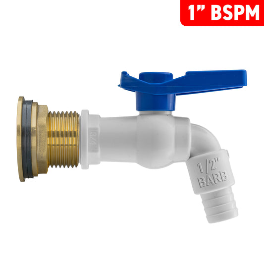 Brass Water Butt Adapter & White Barbed Tap