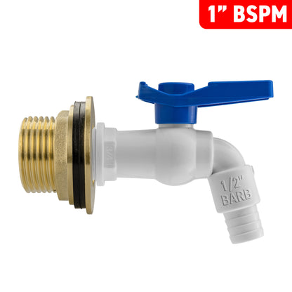 Brass Water Butt Adapter & White Barbed Tap