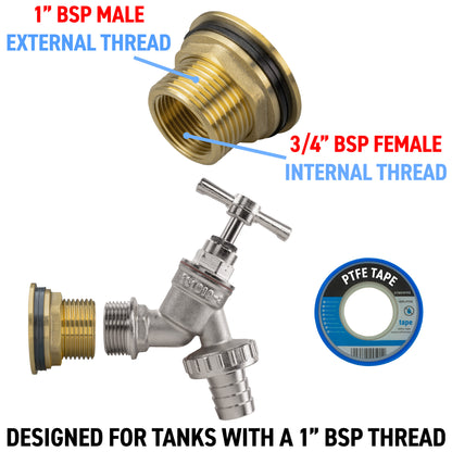 Full Brass Water Butt Adapter & Nickel Plated Barbed Tap Kit