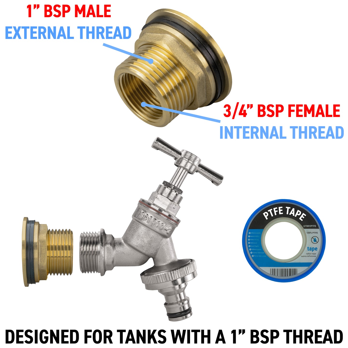 Full Brass Water Butt Adapter & Nickel Plated Quick Connect Tap Kit