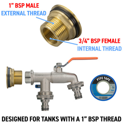 Brass Water Butt Adapter & Double Quick Connector Tap