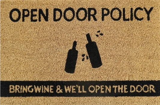 Coir Doormat, 60cm x 40cm - 'Open Door Policy, Bring Wine & We'll Open The Door'