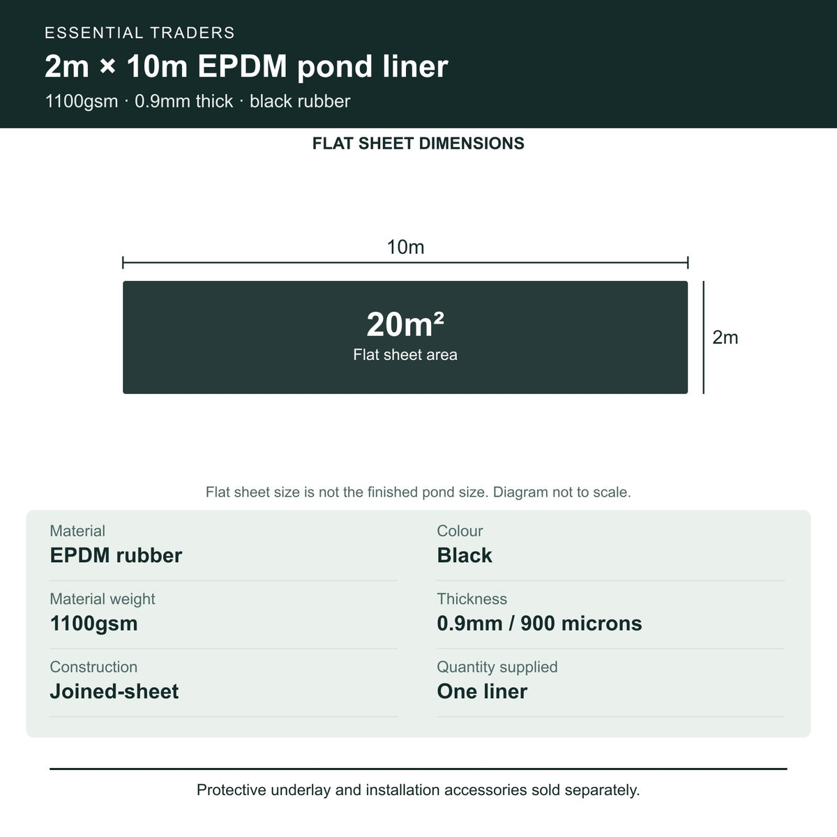 2m x 10m EPDM liner: 20 square metres, 1100gsm and 0.9mm thickness