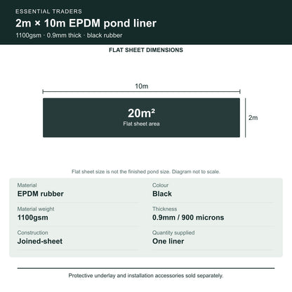 2m x 10m EPDM liner: 20 square metres, 1100gsm and 0.9mm thickness